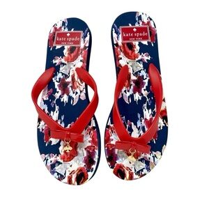 NWOB Kate Spade Charm Fairytale Red Multi Floral Print Flip Flops Bow Si…